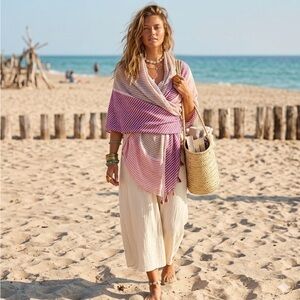 Large Bohemian Linen Pashmina Shawl Scarf Striped Fringed Magenta Pink Taupe